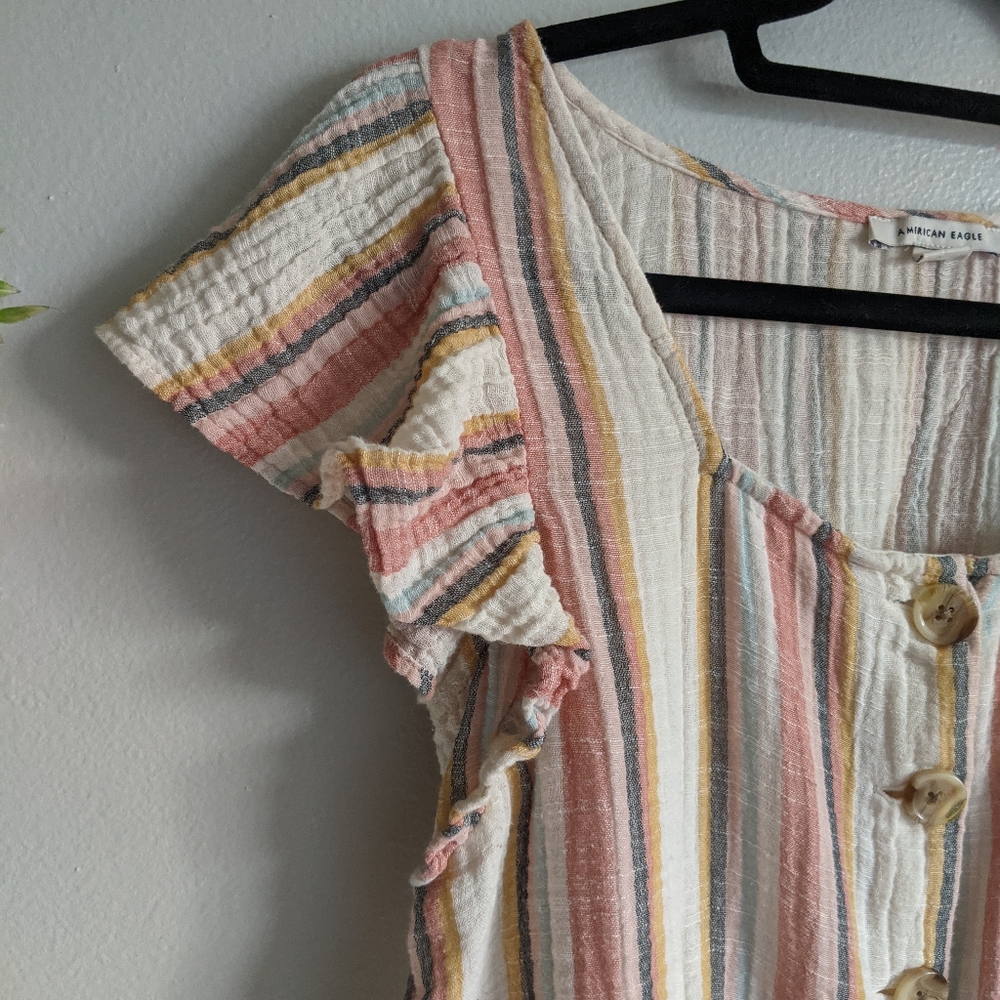 (AEO) Cotton Linen Boho Striped Cropped Top Med - Picture 8 of 8